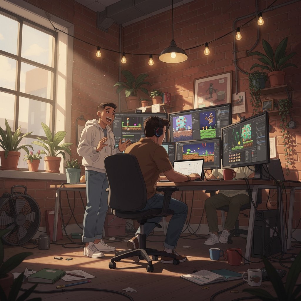 Equipo de desarrollo de videojuego indie latinoamericano trabajando en una oficina pequeña